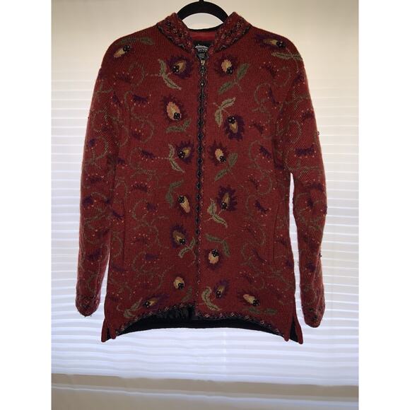 Icelandic Design Wool Size Medium Deep Red Floral Zip Up Jacket Lined Cardigan - Picture 3 of 7